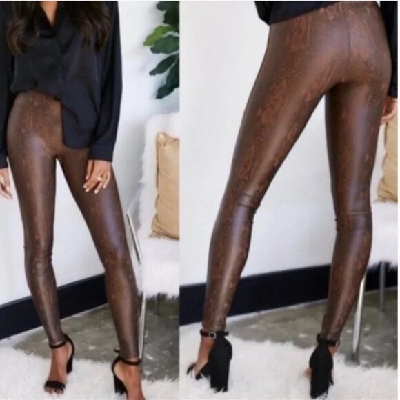 Spanx Faux Leather Brown Snakeskin Leggings Animal Print Pants XS - Picture 2 of 11
